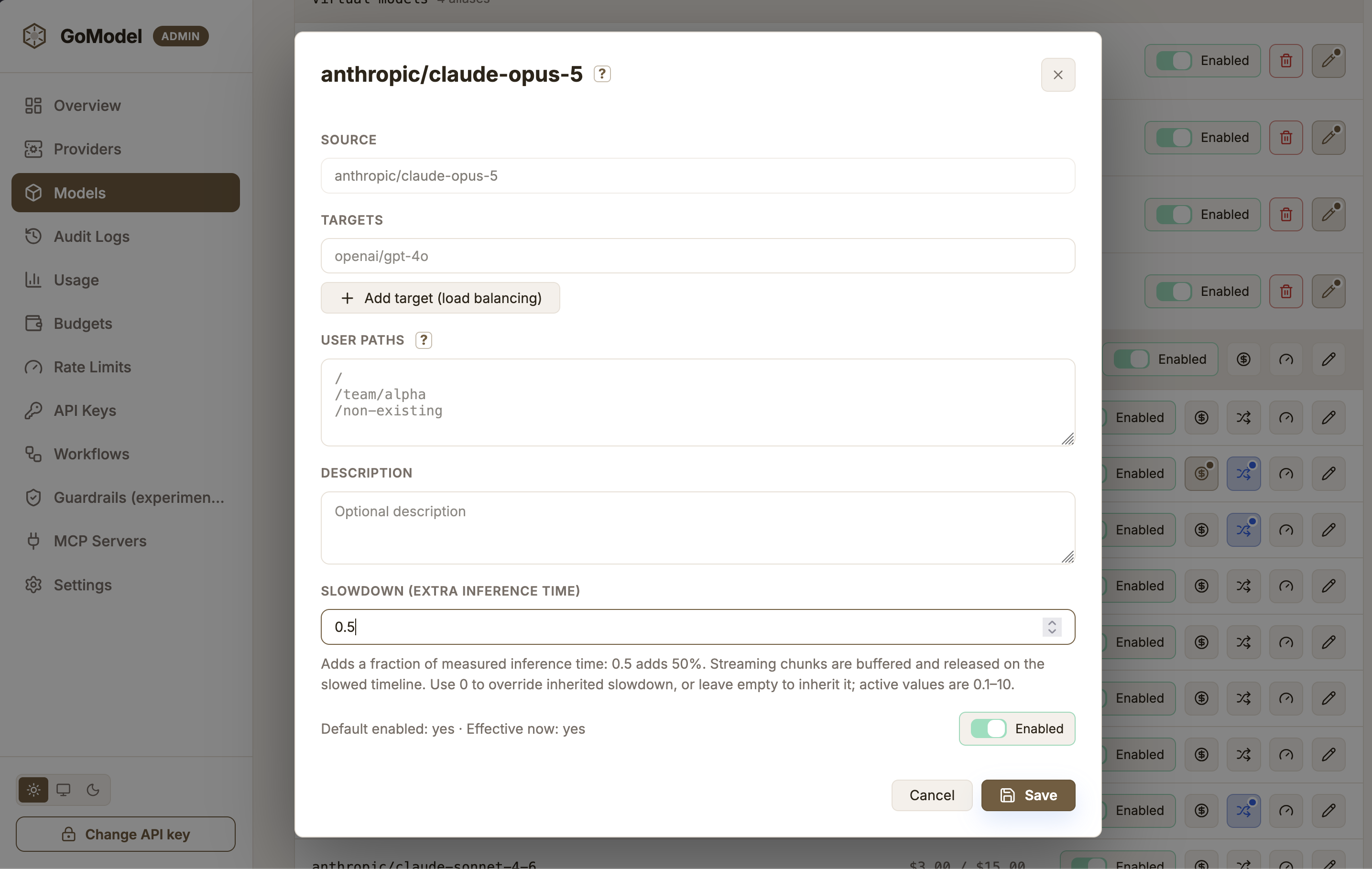 GoModel model settings with a 0.5 slowdown, adding a 50% time penalty to Claude Opus 5