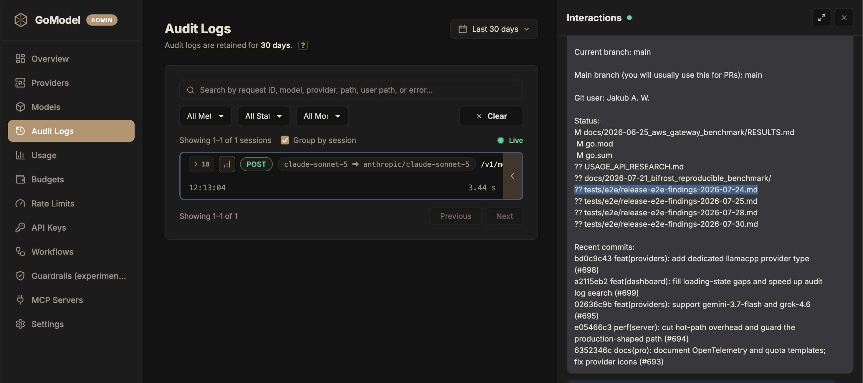 GoModel audit log showing a Claude Code session, with the raw system prompt content visible in the interaction panel