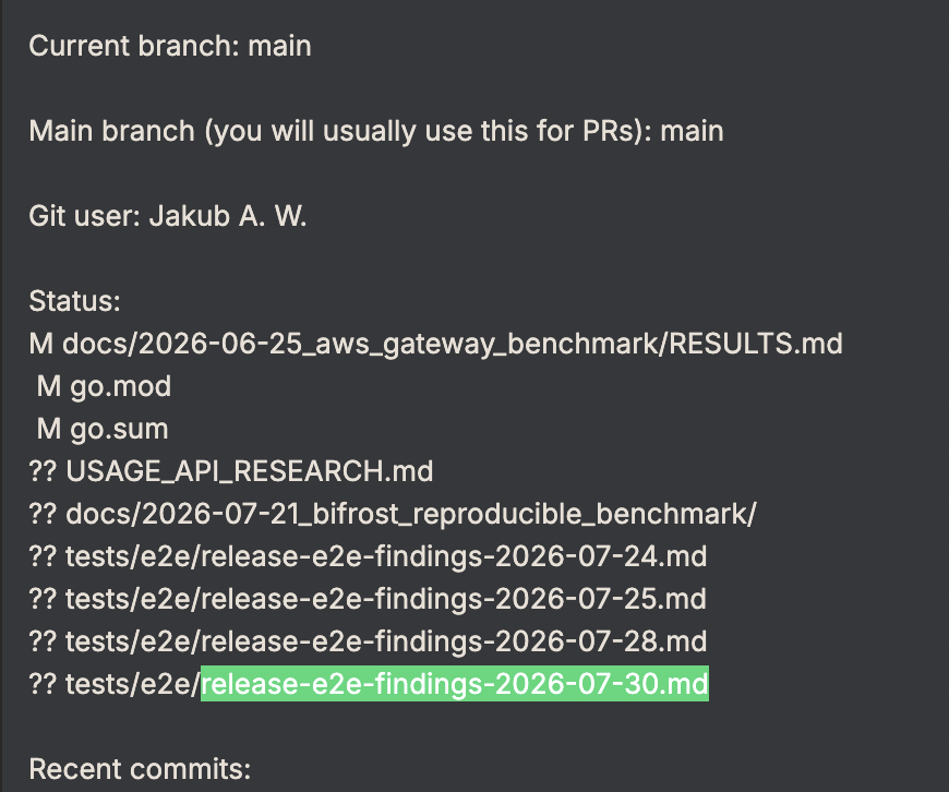 git status output in the interaction panel showing a long list of untracked scratch and results files